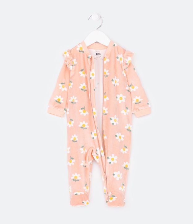 Mono Infantil en Plush con Volado y Estampado de Florzitas - Talle 0 a 18 meses 3