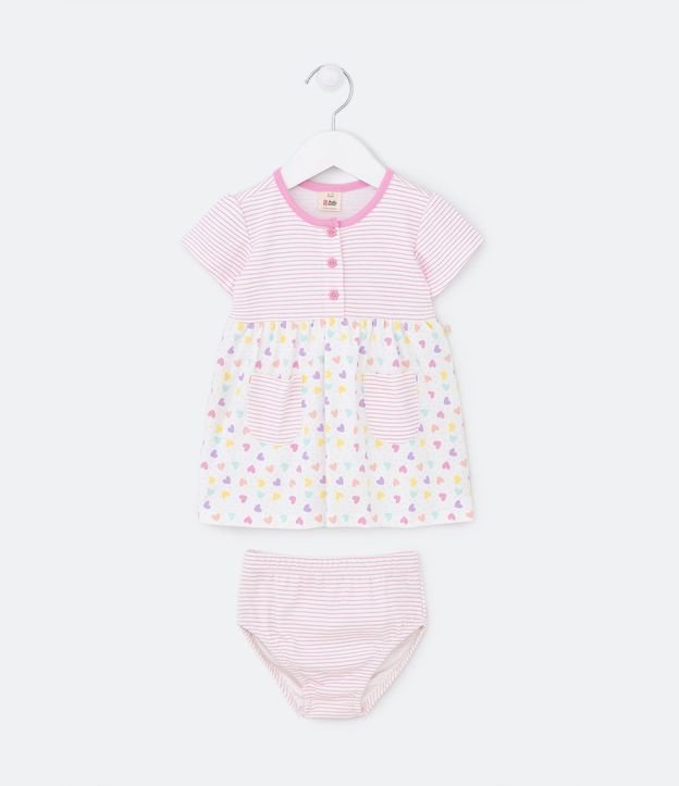 Vestido Infantil con Bombacha Estampa de Corazones y Rayas - Talle 0 a 18 Meses