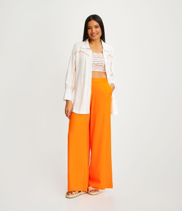 Pantalón Pantalona en Lino con Bolsillos y Botón en la Cintura