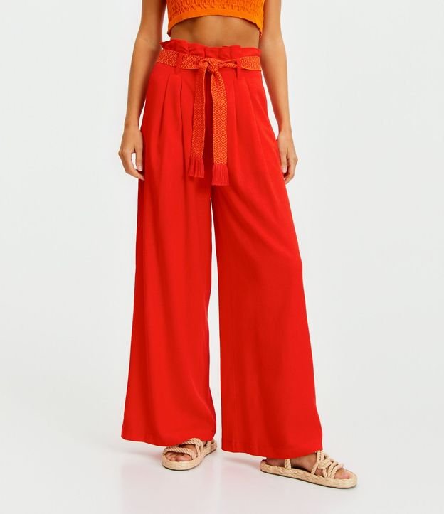 Pantalón Pantalona en Lino con Cinturón Bordado 5