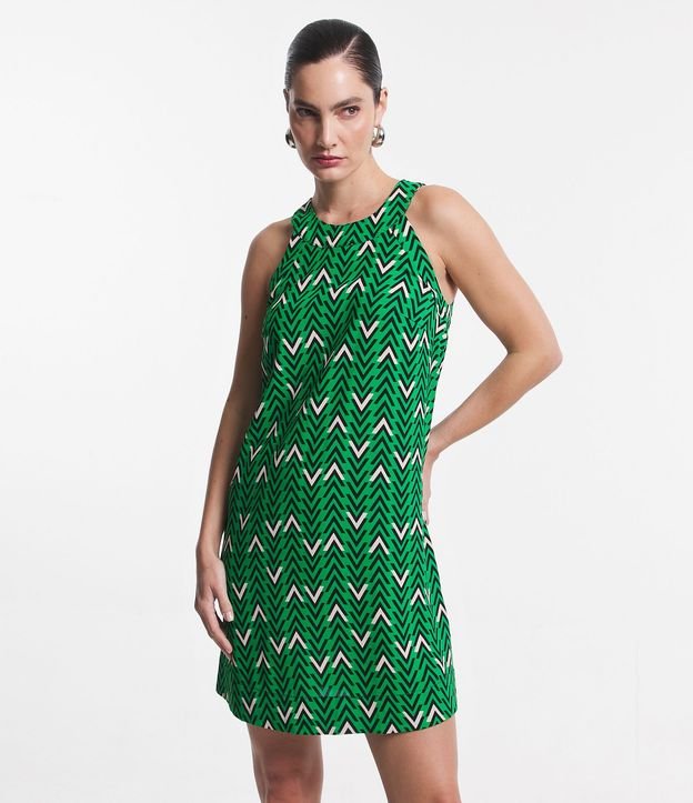 Vestido Corto sin Manga Airflow con Pespuntes y Estampa Geométrica