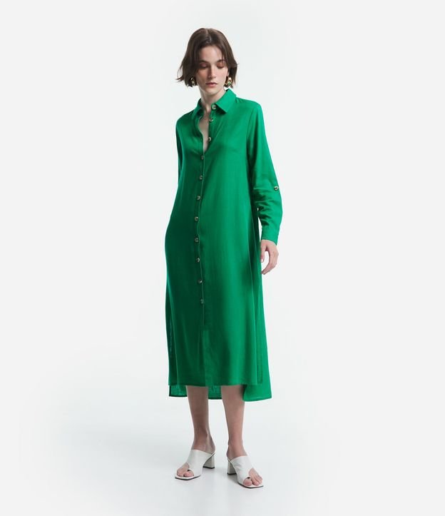 Vestido Chemise Alargado en Viscolino con Botones Contrastantes