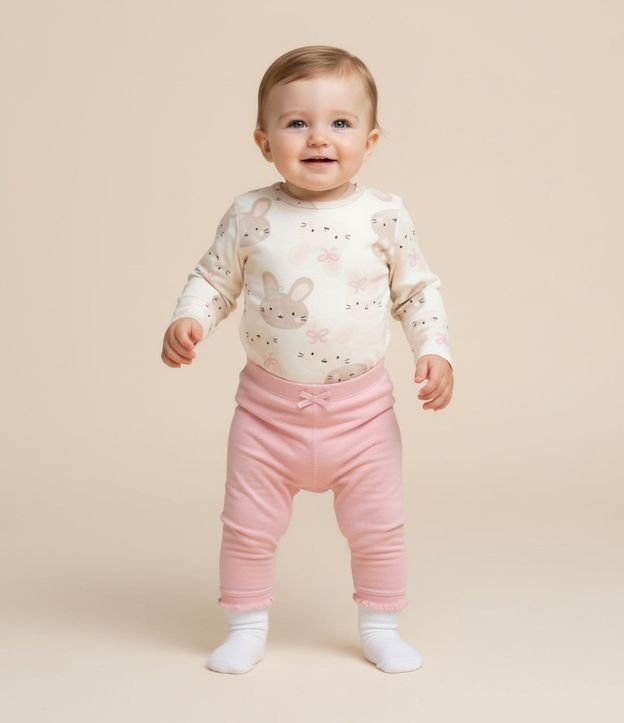 Pantalones Infantiles con Cintura Doblada y Lazo Aplicado - Talle RN a 18 meses