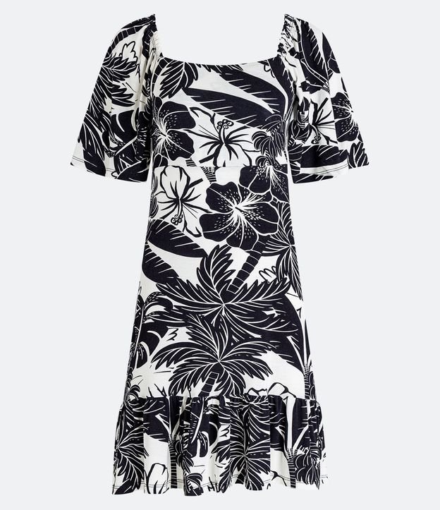 Vestido Corto en Viscosa con Manga Godé y Estampa Tropical