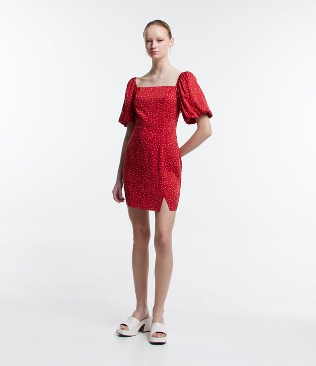 Vestido Corto en Viscosa de Lunares con Mangas Abullonadas 2