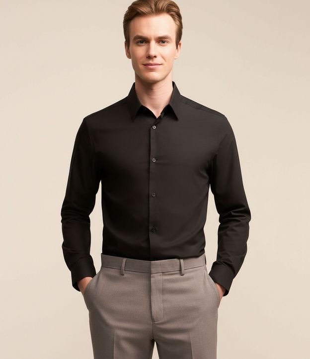 Camisa Regular en Microfibra con Cuello Inglés y Manga Larga