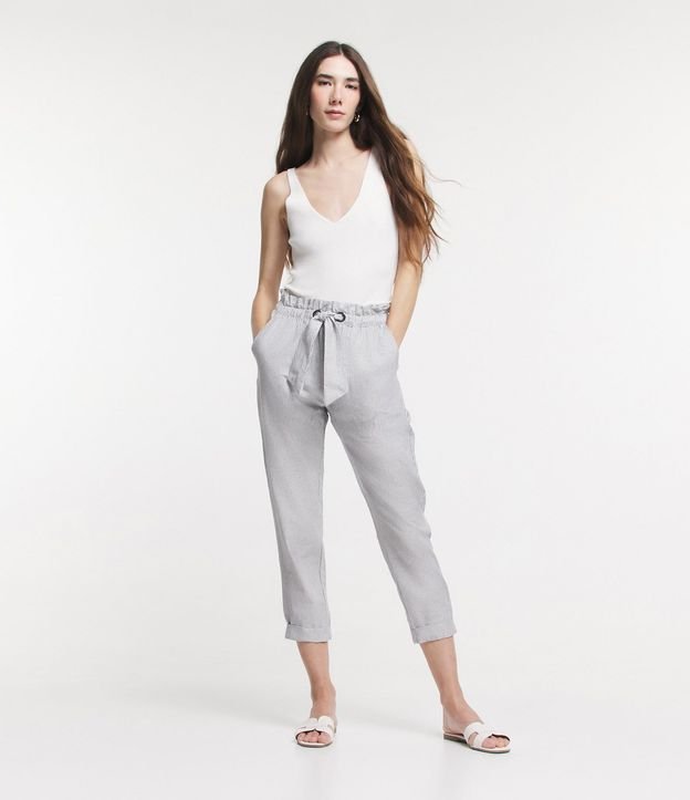 Pantalón Baggy Cintura Alta en Sarga Rayada con Lazo en la Cintura