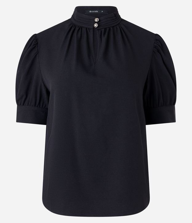 Blusa Manga Abullonada en Crepé con Cuello Alto con Botones