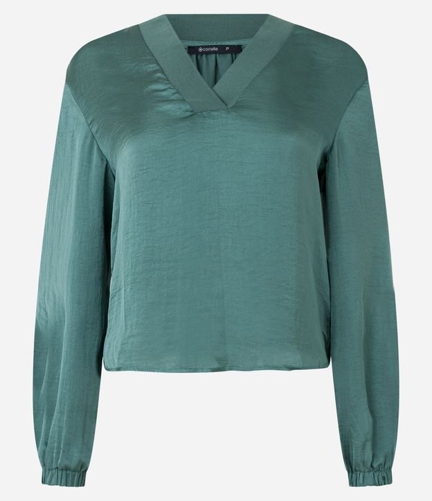Blusa Acetinada con Escote V y Mangas Bufantes