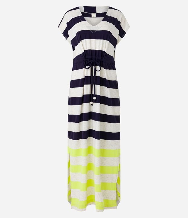 Vestido Midi Recto en Viscosa Rayada Bajo Contrastante