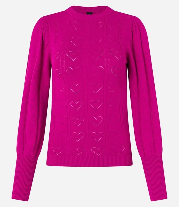 Blusa de Punto con Manga Abullonada y Textura de Corazones