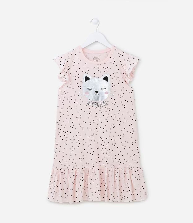 Camisón Infantil en Media Malla Estampada de Lunares y Gatita Metalizada - Talle 4 a 12 años