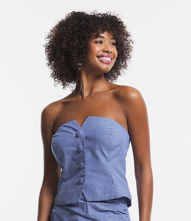 Blusa Cropped en Tricolina sin Breteles Rayada con Botones Delanteros