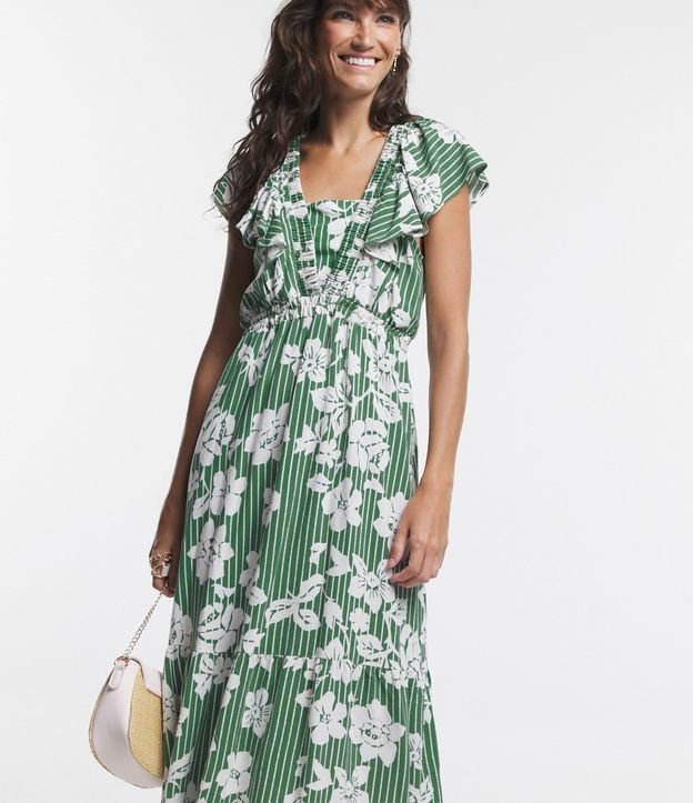 Vestido Midi en Viscolino con Escote V y Estampa de Flores