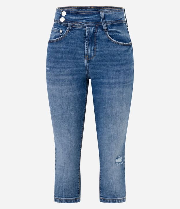 Pantalón Capri en Jeans con Botones no Cintura y Desgaste en la Pierna