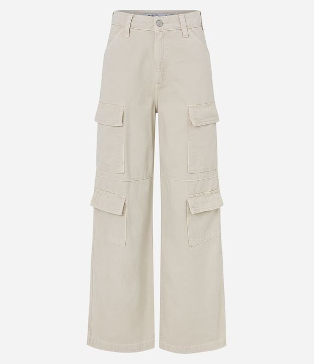 Pantalón Wide Leg Cintura Alta en Sarga con Bolsillos Cargo