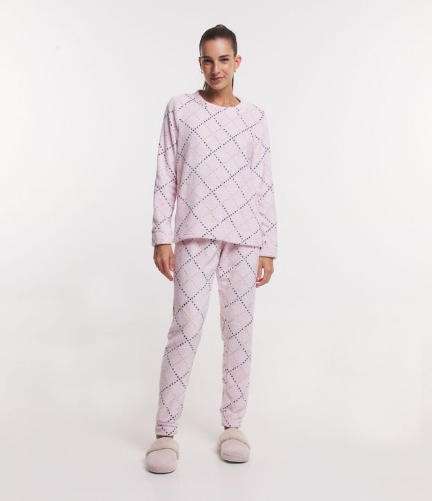 Pijama Largo en Fleece con Estampado Corazones