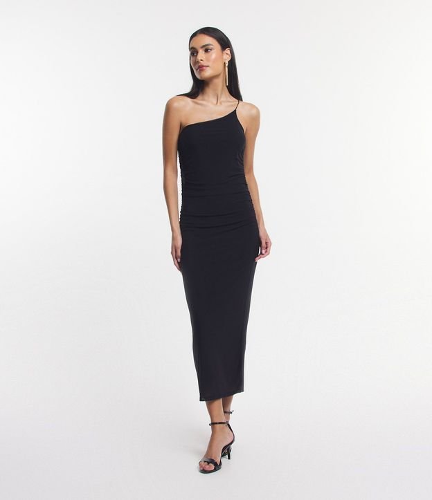 Vestido Midi en Tul con Hombro Único y Fruncido Lateral