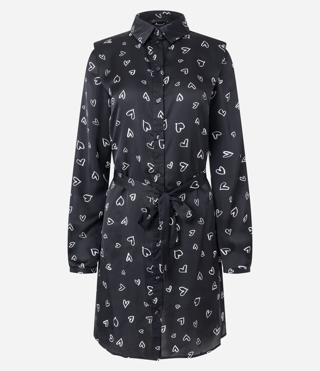 Vestido Chemise en Crepé con Hombreras y Estampa Corazones