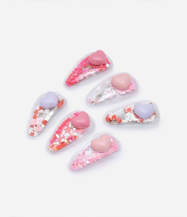 Kit 06 Pinzas para el Pelo Infantiles con Corazón y Brillos