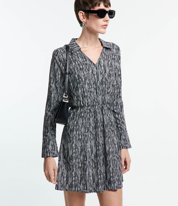 Vestido Chemise en Crepé con Lazo en la Cintura y Estampa Abstracta