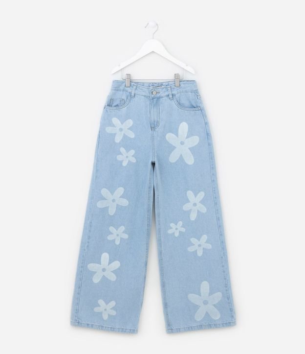 Pantalón Wide Leg Infantil Jeans con Estampa de Flores - Talle 5 a 14 años