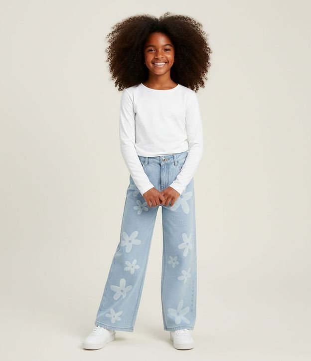 Pantalón Wide Leg Infantil Jeans con Estampa de Flores - Talle 5 a 14 años