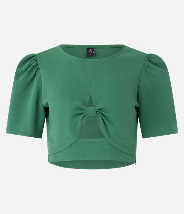 Blusa Cropped en Crepé con Manga Abullonada y Detalle Cutout