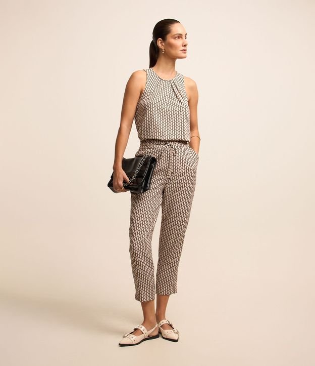 Pantalón Fluído en Crepé con Lazo y Estampado Geométrico
