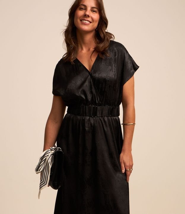 Vestido Midi en Jacquard con Transpasse Delantero y Cinturón