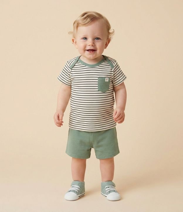 Conjunto Infantil Remera y Bermuda de Algodón con Bolsillo y Estampa de Rayas - Talle 0 a 18 meses