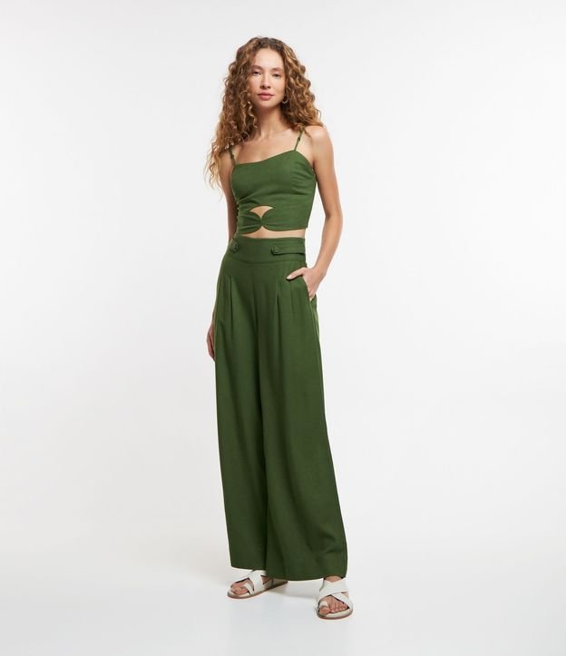 Pantalón Pantalona en Viscosa y Lino con Cintura Ancha y Botones con Abalorios