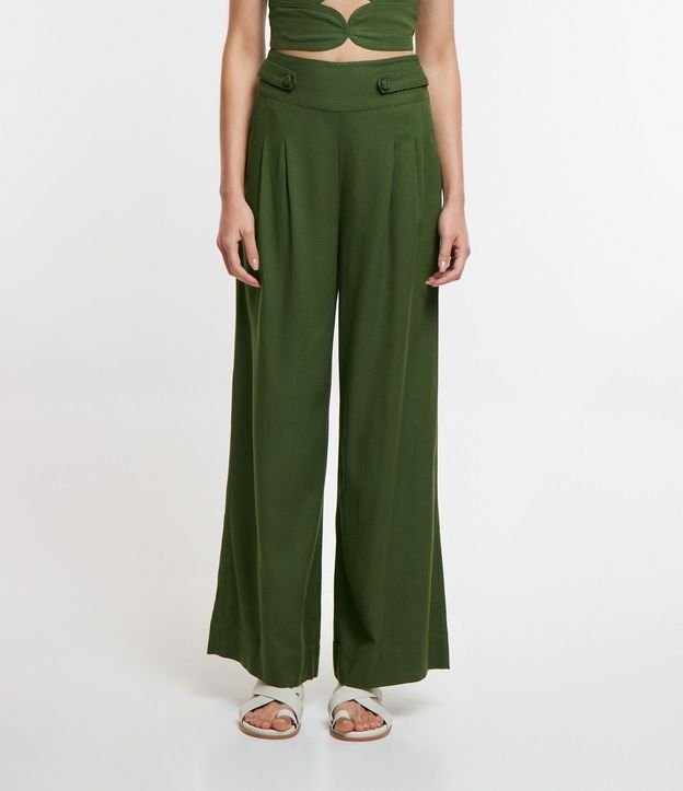 Pantalón Pantalona en Viscosa y Lino con Cintura Ancha y Botones con Abalorios 2