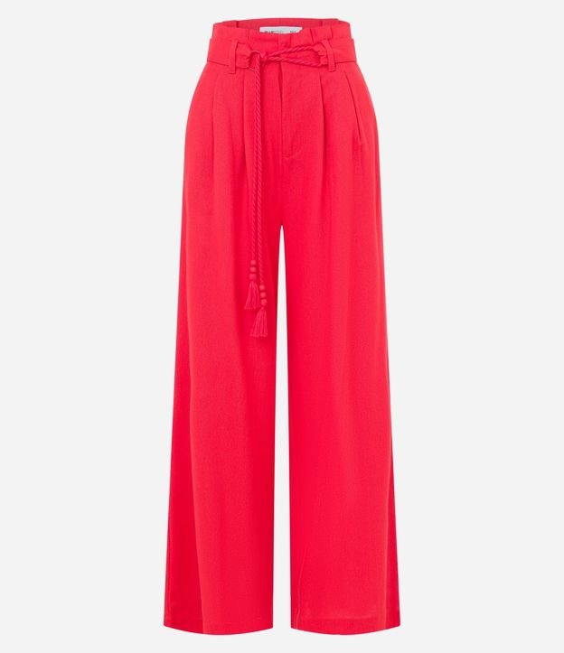 Pantalón Pantalona en Viscosa y Lino con Cinturón de Cuerda y Borla 4