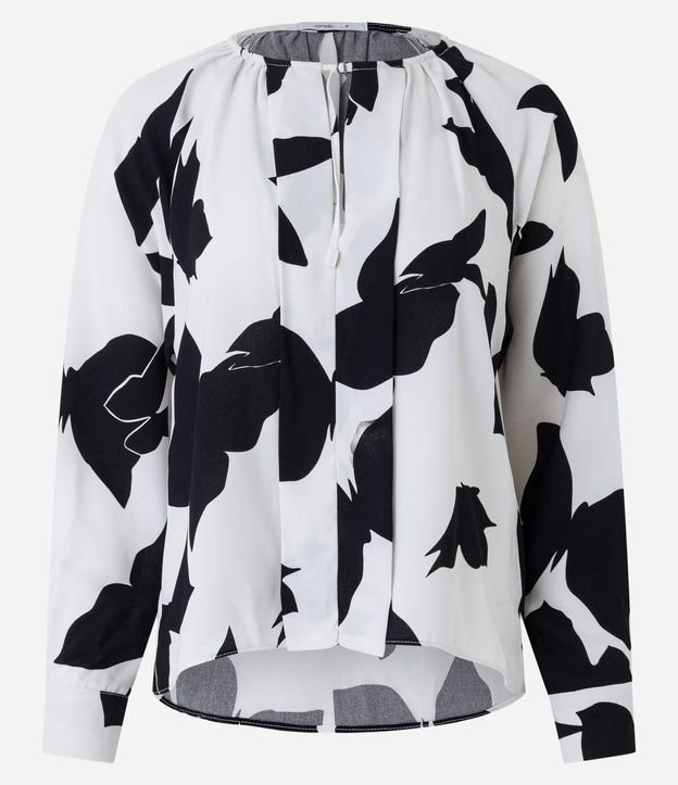Blusa en Crepé con Estampado Abstracta y Cuello Fruncido