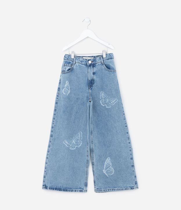 Pantalón Wide Leg Infantil Jeans con Estampado de Mariposas - Talle 4 a 14 años
