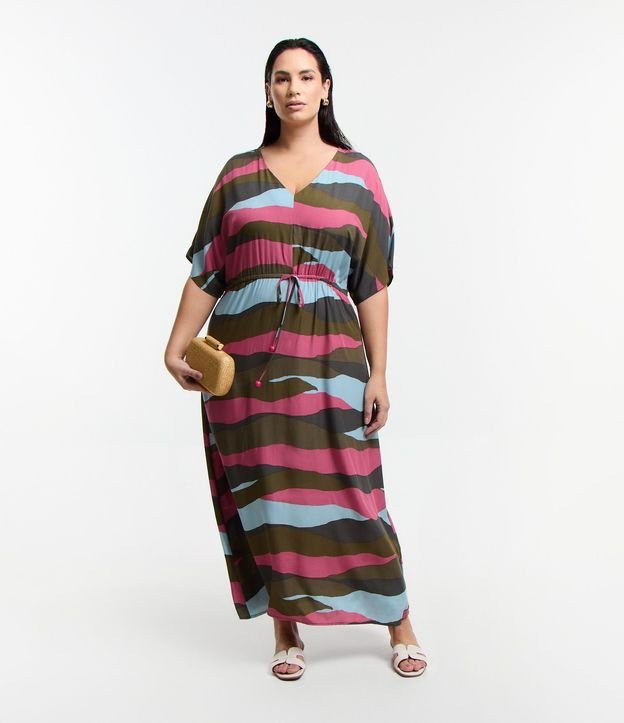 Vestido Midi en Viscosa Abstracta con Lazo en la Cintura Curve & Plus Size