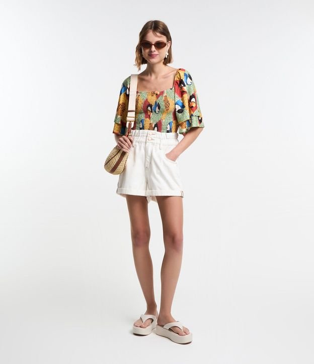 Short Baggy Cintura Alta en Sarga con Cintura Elástica