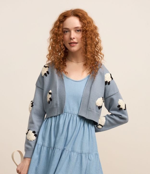 Cardigan Corto de Punto con Bordado de Ovejas