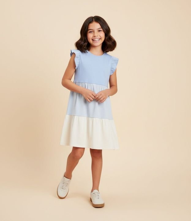 Vestido Infantil en Algodón con Bloques de Color y Fruncidos - Talle 5 a 14 años