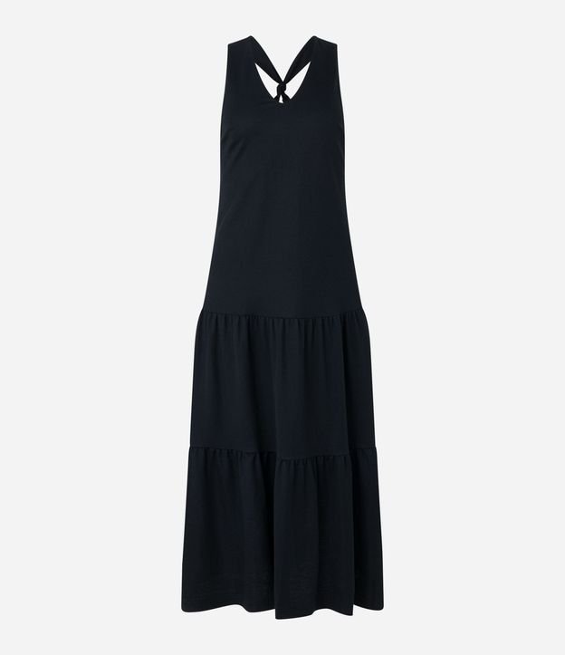 Vestido Evasê Midi en Piquet con Correa Cruzada con Nudo