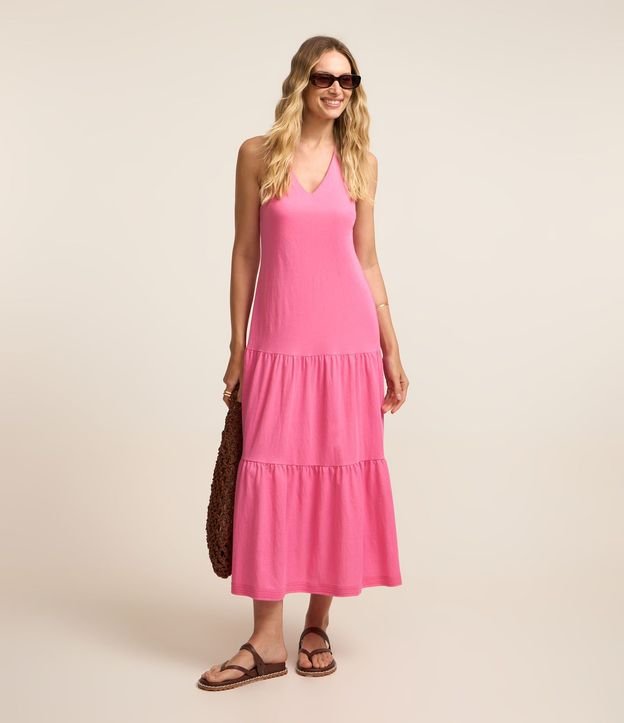 Vestido Evasê Midi en Piquet con Correa Cruzada con Nudo