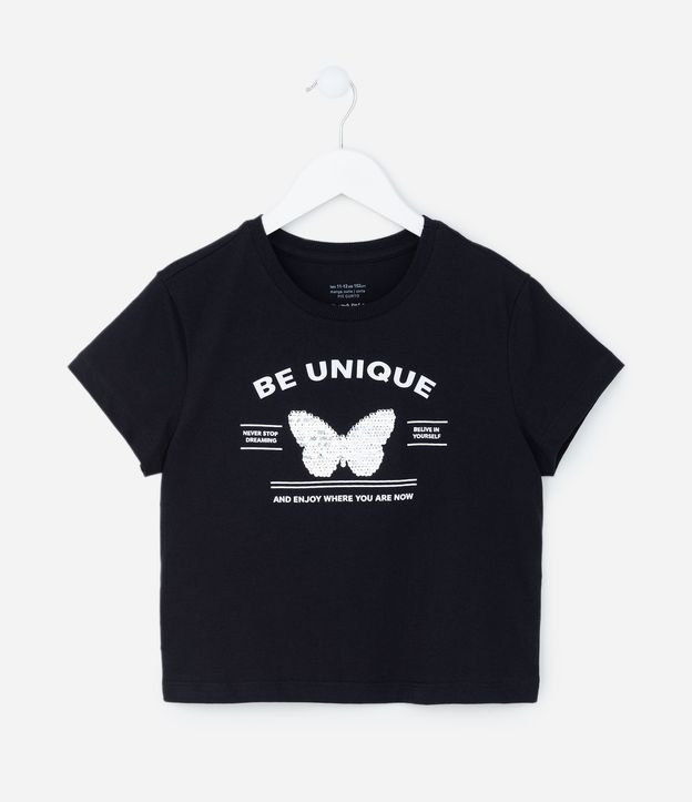 Remera Corta Infantil con Bordado de Mariposa en Lentejuelas - Talle 5 a 14 años 1