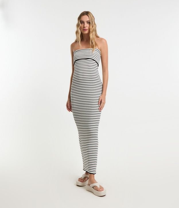 Vestido New Midi en Punto Rayado y Canesú Plegado