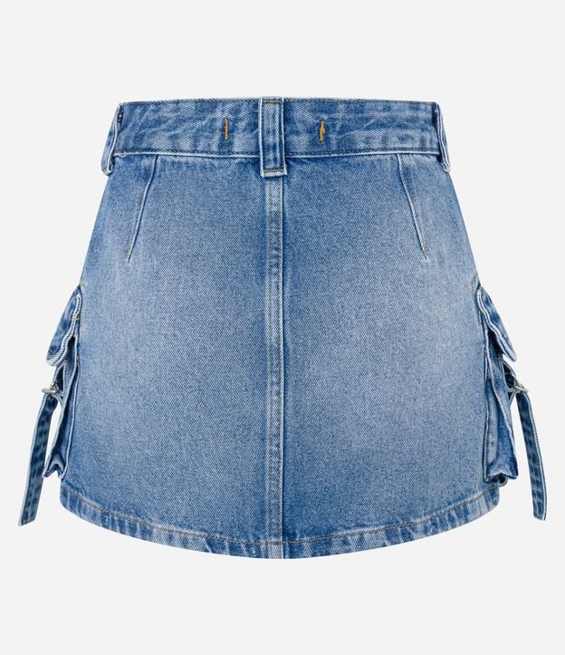 Pollera Corta en Jeans Efecto Mármol con Bolsillo Cargo Hebilla