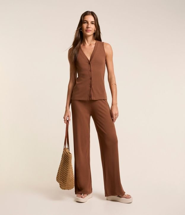 Pantalón Pantalona en Rib con Textura Acanalada y Cintura Elástica