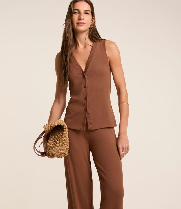 Pantalón Pantalona en Rib con Textura Acanalada y Cintura Elástica 2