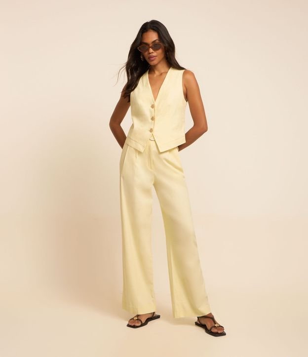Pantalón Wide Leg en Viscolino con Tiro Alto y Cinturón con Hebilla de Metal