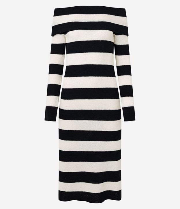 Vestido Midi de Punto Rayadp con Escote Hombro a Hombro 7