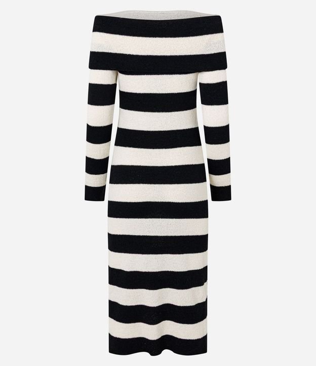 Vestido Midi de Punto Rayadp con Escote Hombro a Hombro 10